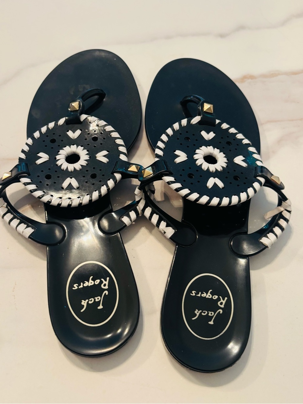 Jack Rogers Black and White Braided Medallion Thong Sandals